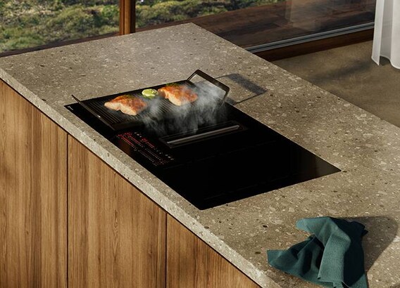 Table de cuisson à induction avec une plaque de cuisson à la plancha dans un environnement naturel